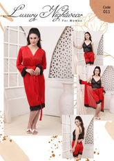3 Pcs Silk Nighty Set With Gown - 011