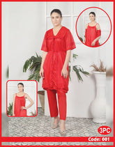 3 Pcs Nighty Set With Gown - 001