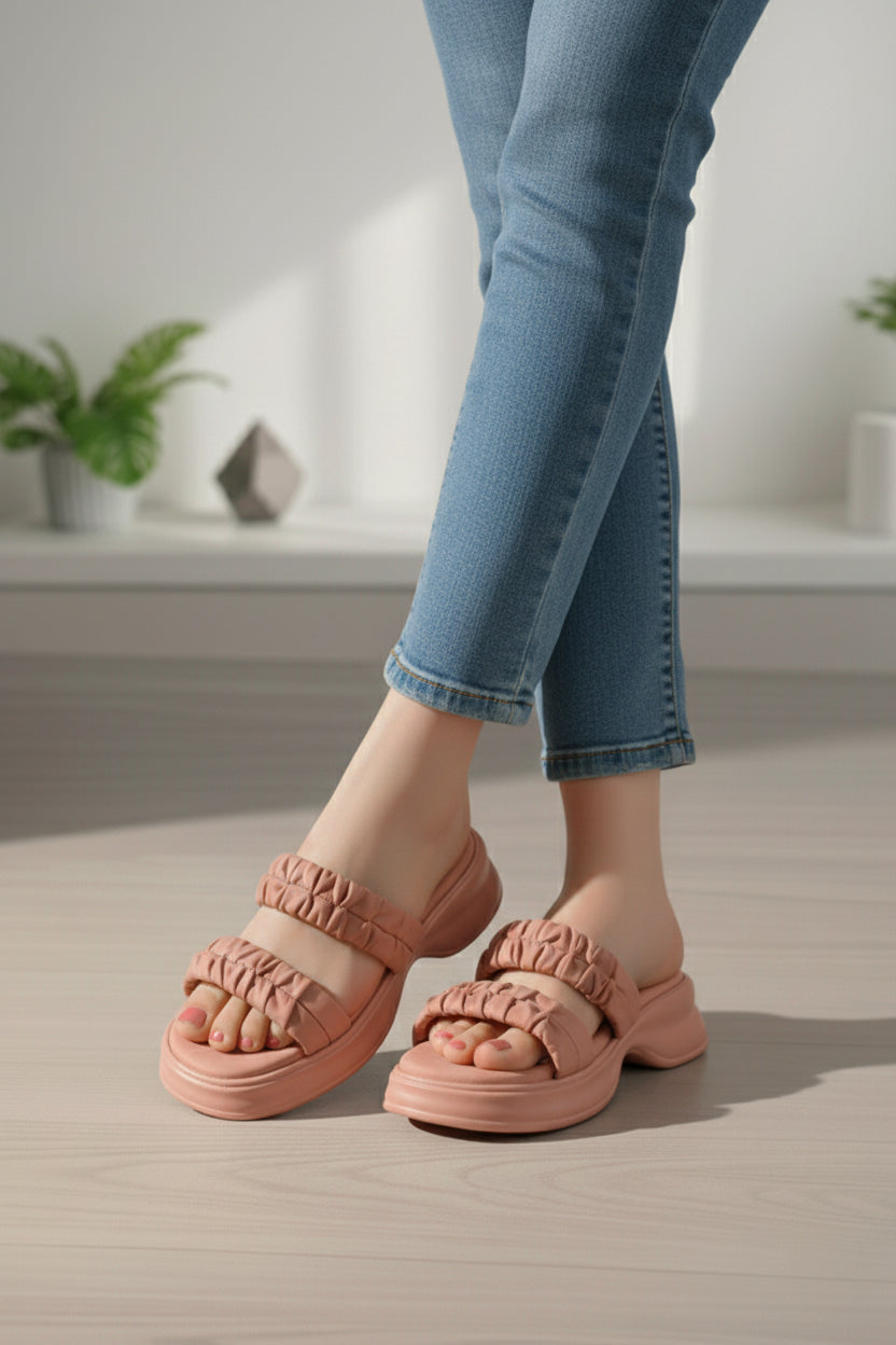 Chunky Ruched Strap Slipper - P 55 - Pink
