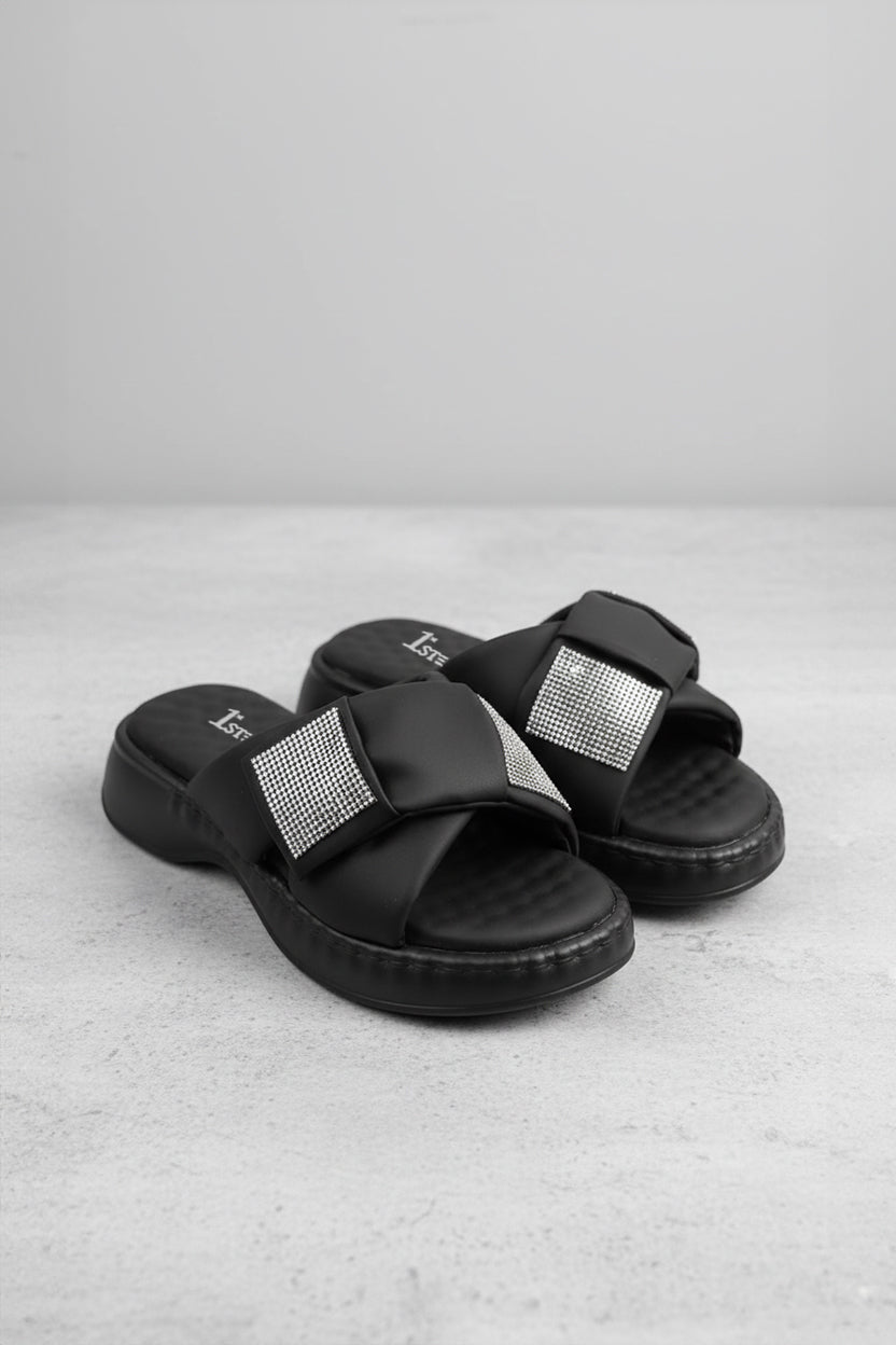 Cross-Strap Embellished Chappal - R 03 - Black