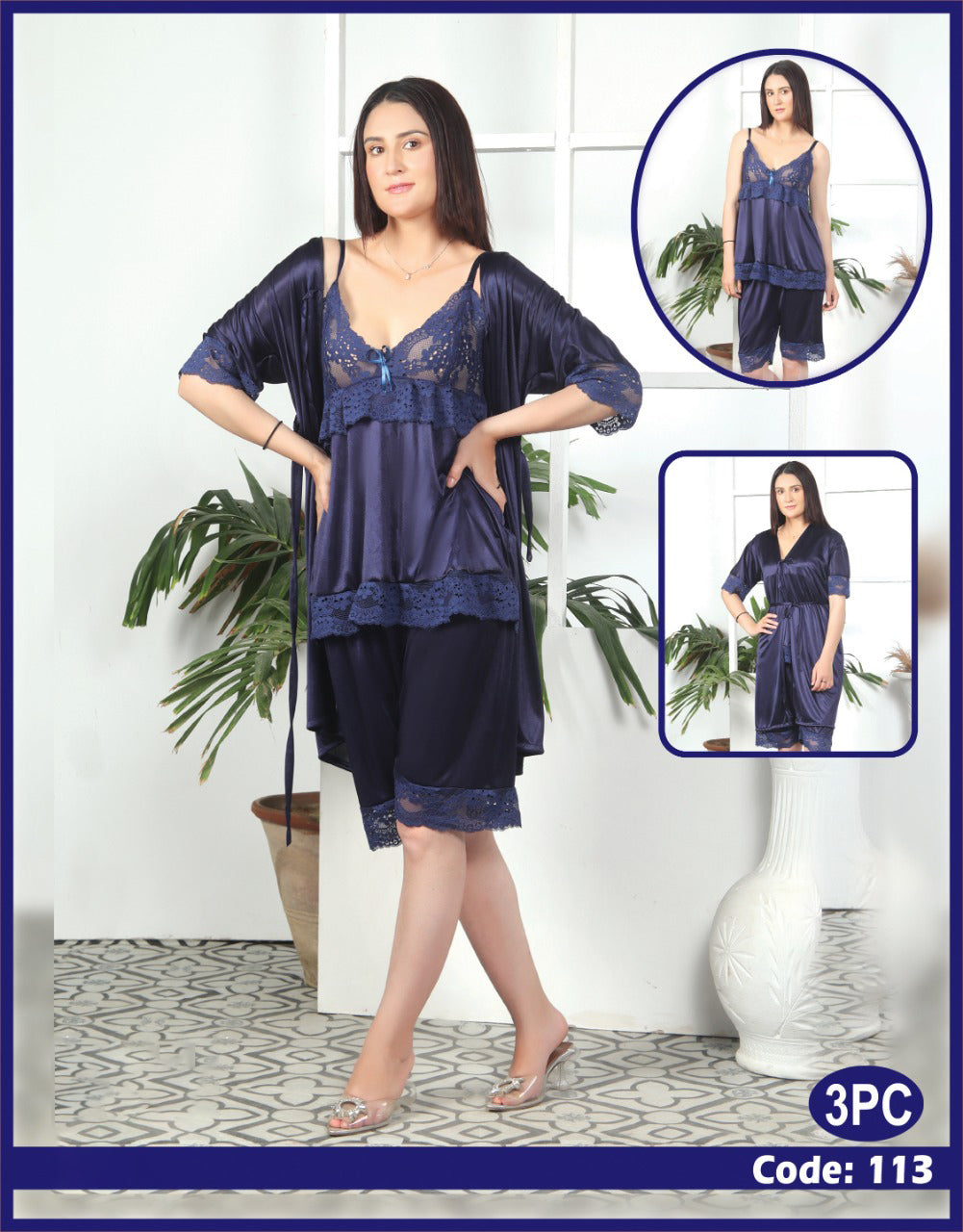 3 Pcs Silk Nighty Set With Gown - 113