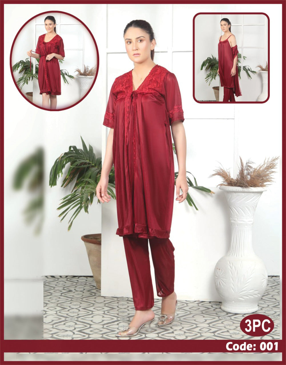 3 Pcs Nighty Set With Gown - 001