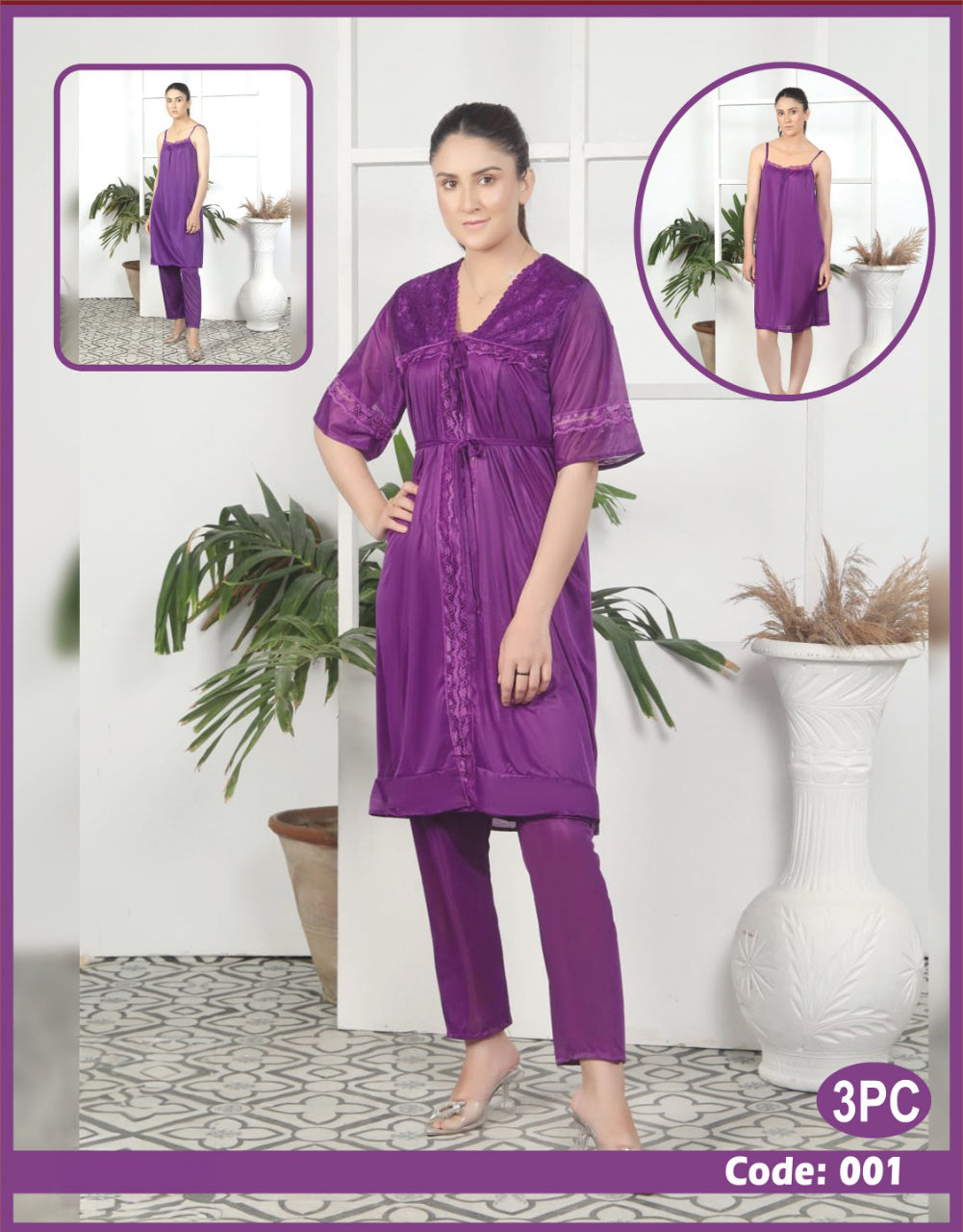 3 Pcs Nighty Set With Gown - 001