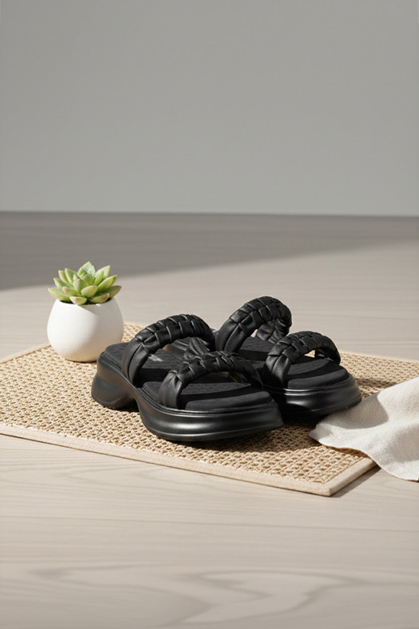 Chunky Ruched Strap Slipper - P 55 - Black