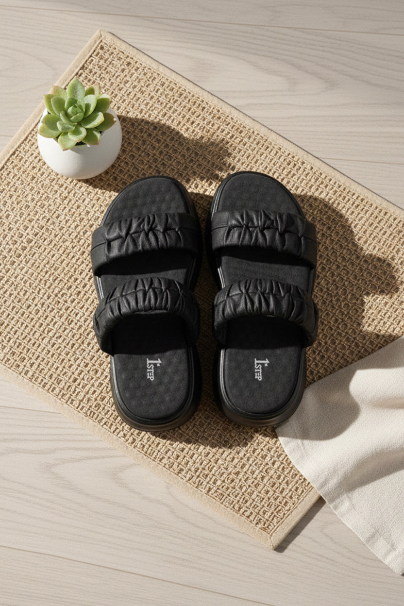 Chunky Ruched Strap Slipper - P 55 - Black