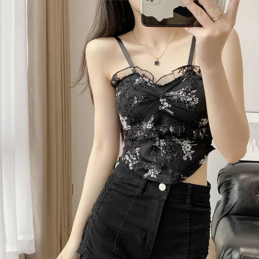 Floral Asymmetrical Camisole Top - Black