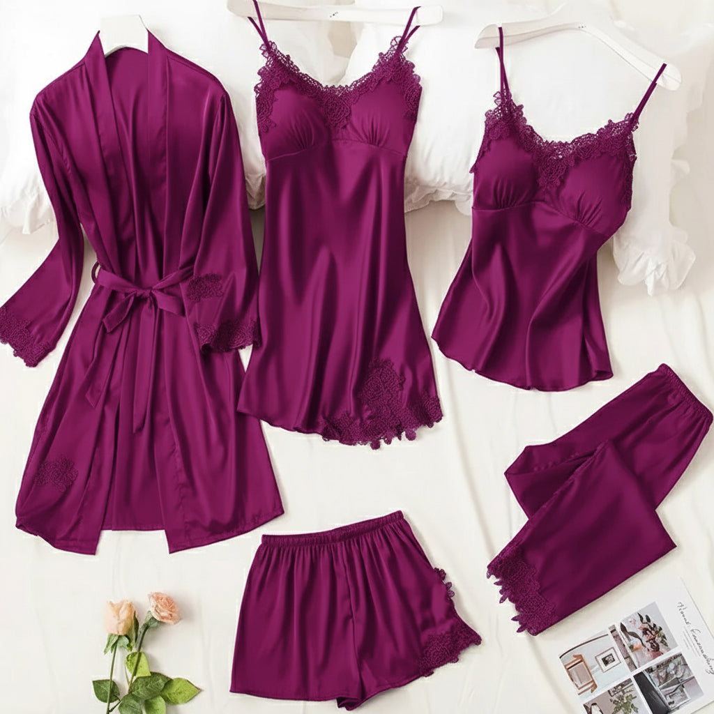 5pcs LONG SILK NIGHTY SET