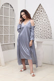 2 PCS LONG SLIT SILK NIGHTY SET - Grey