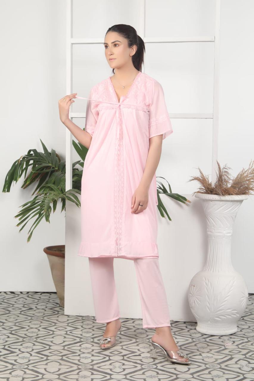 3 Pcs Nighty Set With Gown - 001
