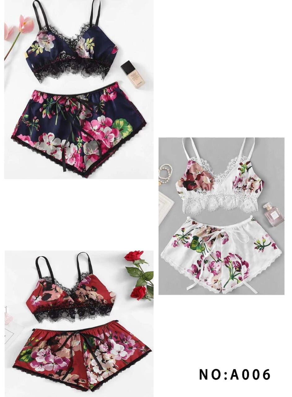Lingerie Set Printed Satin Two Piece Lace Bra and Panty  with Elastic A006