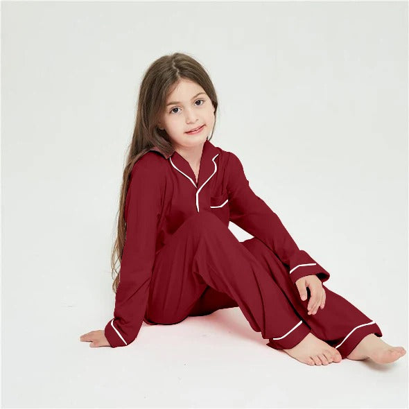 Kids Comfy Linen PJ Sets - Maroon